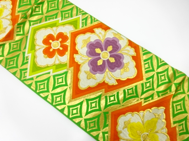 JAPANESE KIMONO / ANTIQUE FUKURO OBI / SILK / WOVEN FLOWER & MATSUKAWABISHI